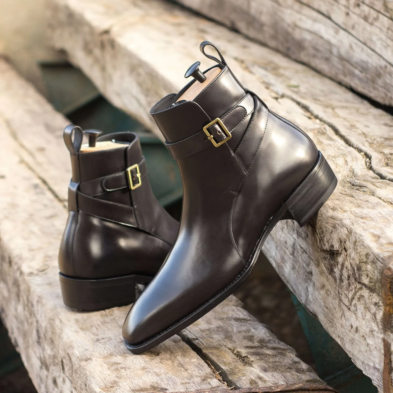 Ambrogio Bespoke Custom Men's Shoes Black Polished Calf-Skin Leather Jodhpur Boots (AMB1864)