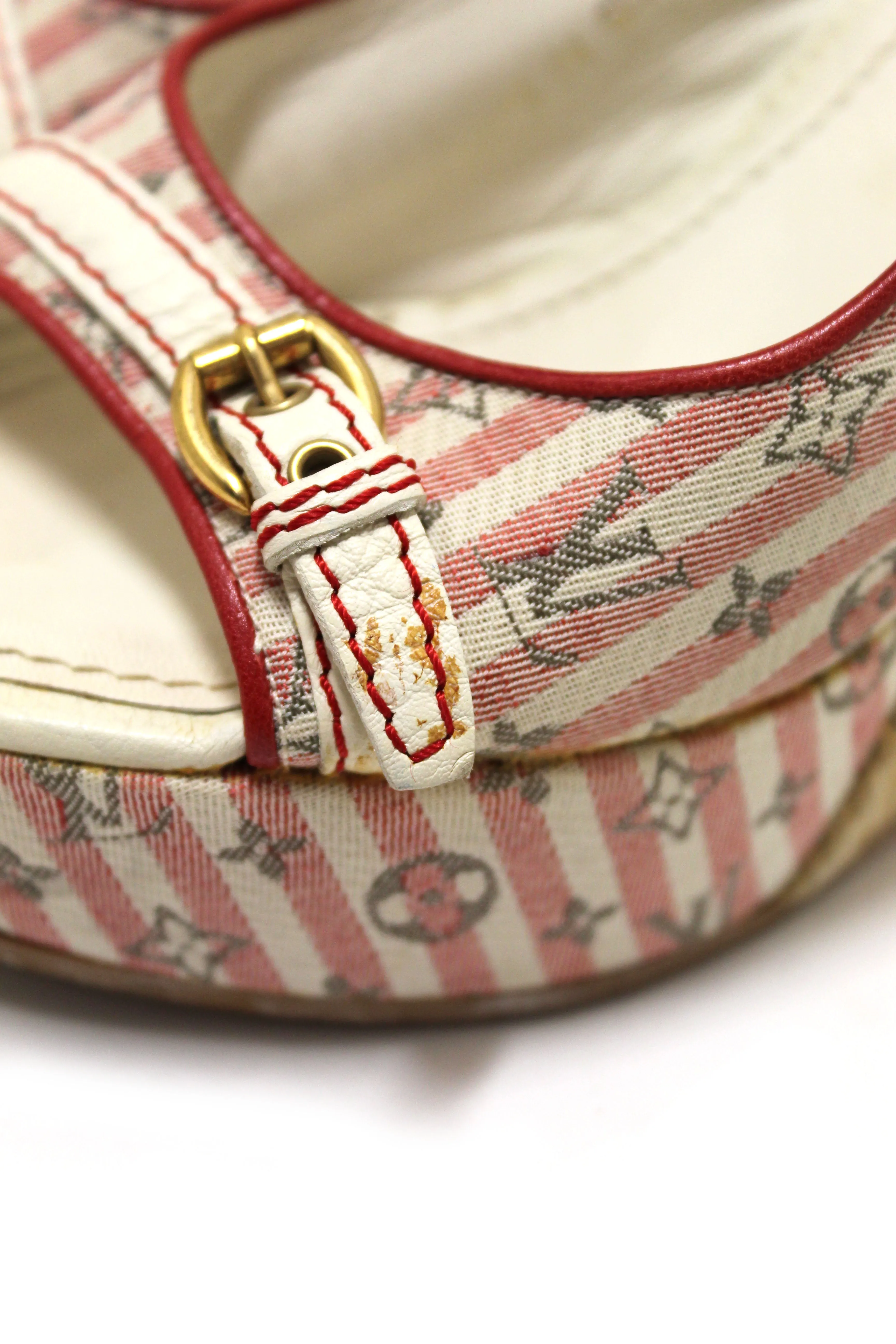 Authentic Louis Vuitton Red Mini Lin Croisette Anemone Wedges Sandals Size 36