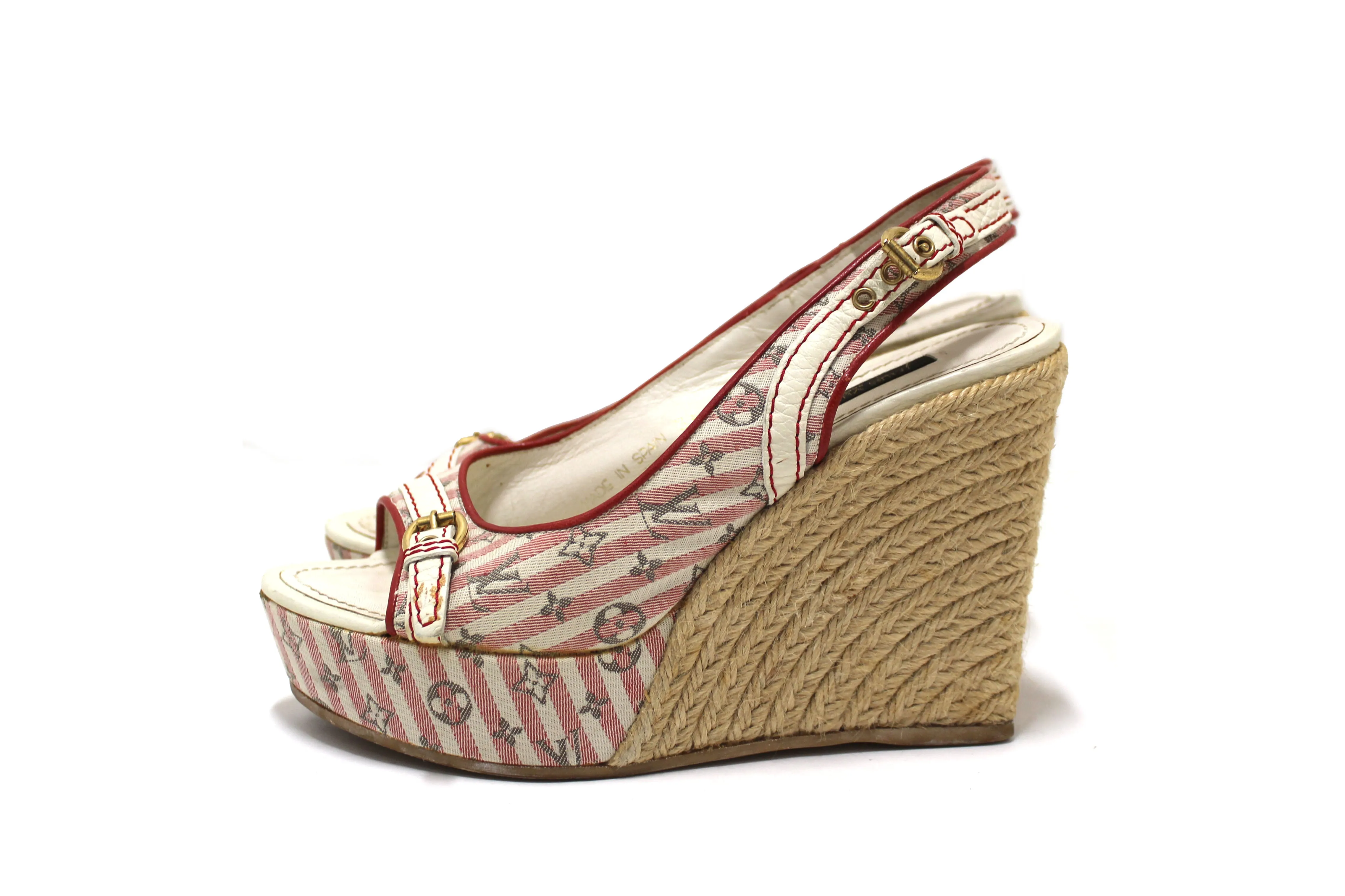 Authentic Louis Vuitton Red Mini Lin Croisette Anemone Wedges Sandals Size 36