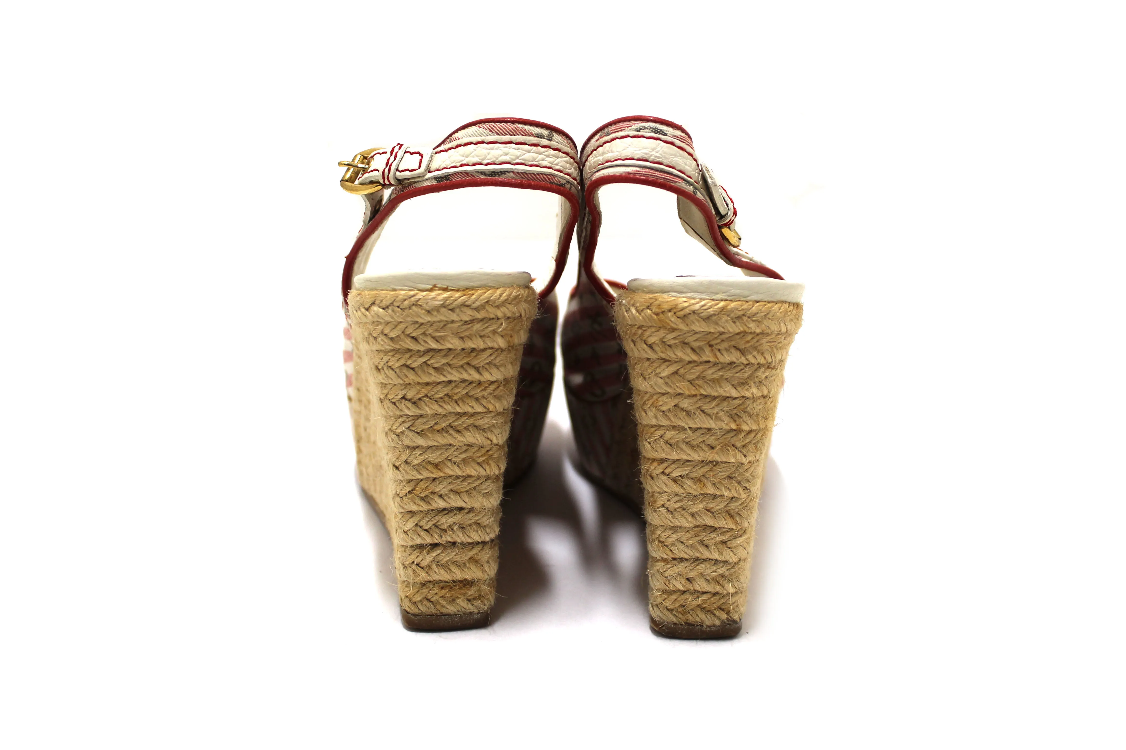 Authentic Louis Vuitton Red Mini Lin Croisette Anemone Wedges Sandals Size 36
