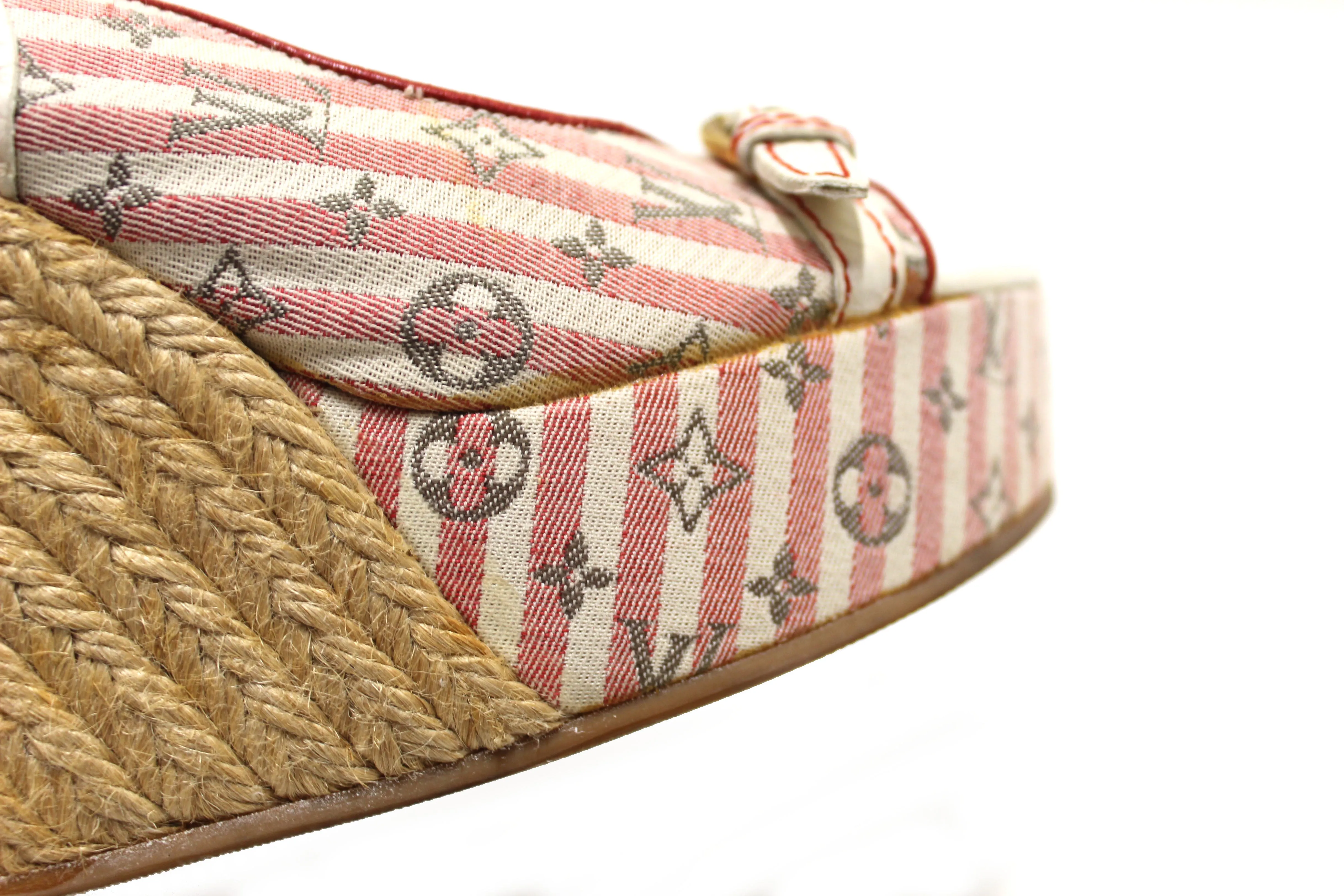 Authentic Louis Vuitton Red Mini Lin Croisette Anemone Wedges Sandals Size 36