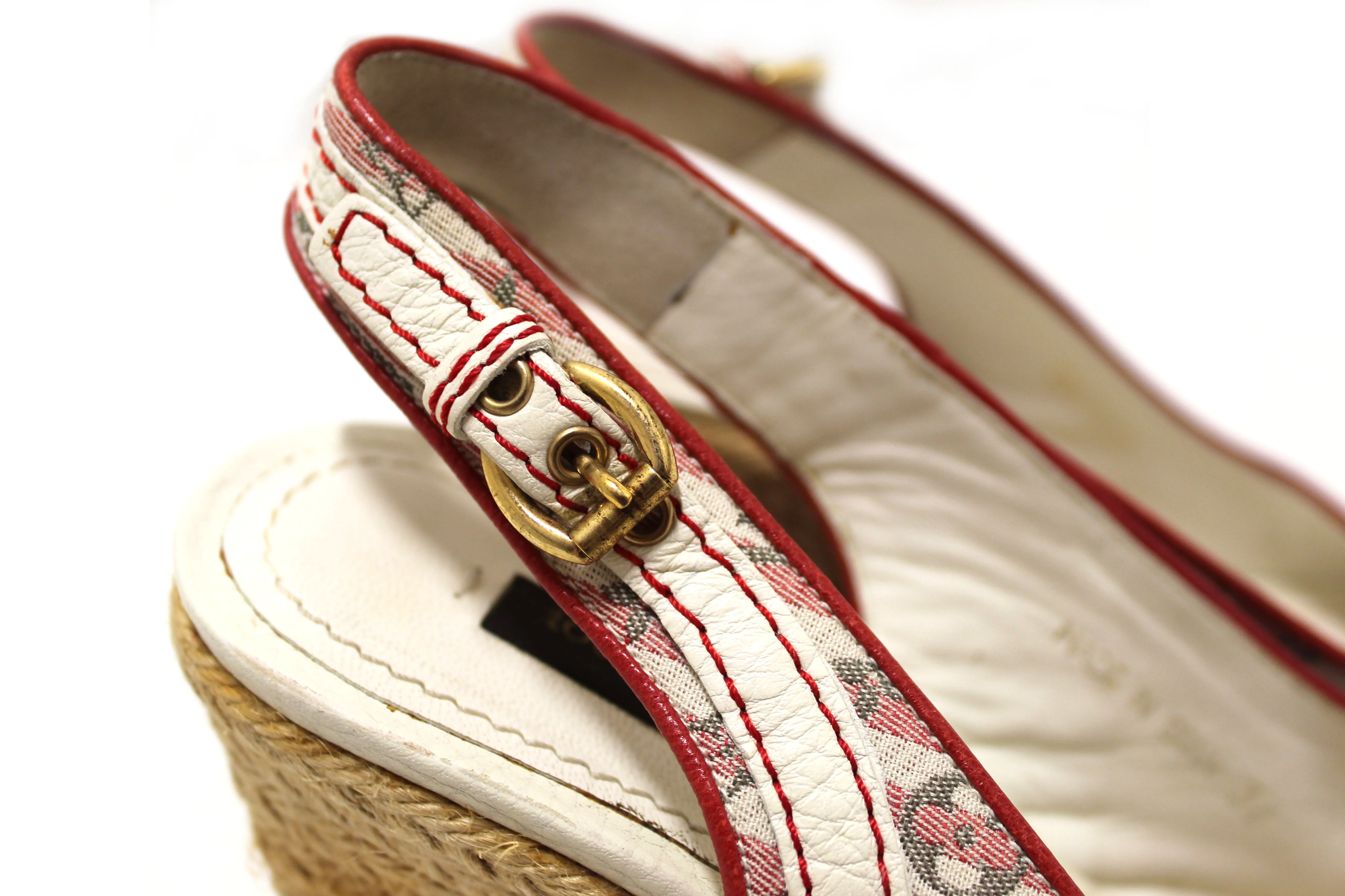Authentic Louis Vuitton Red Mini Lin Croisette Anemone Wedges Sandals Size 36