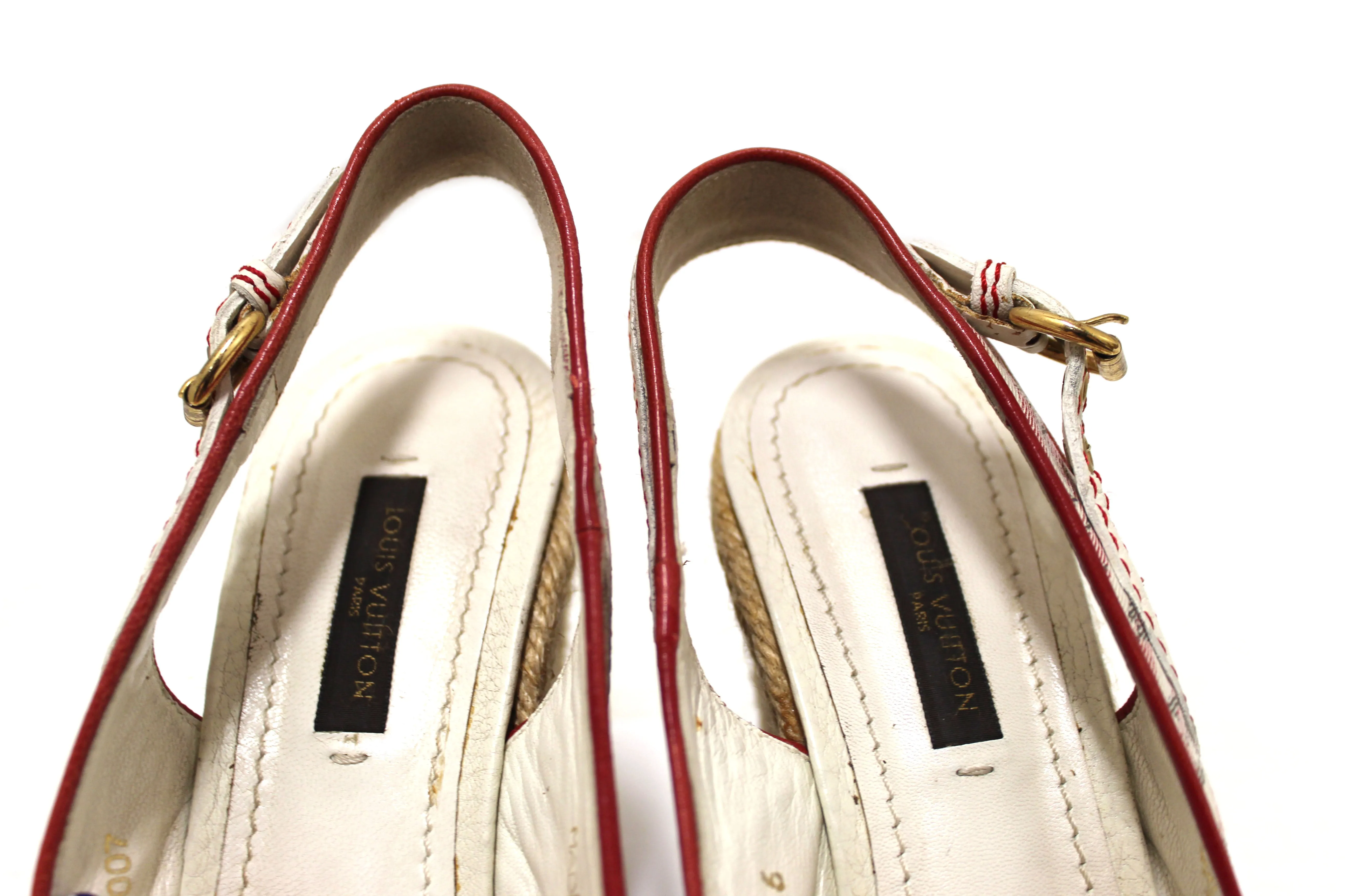Authentic Louis Vuitton Red Mini Lin Croisette Anemone Wedges Sandals Size 36