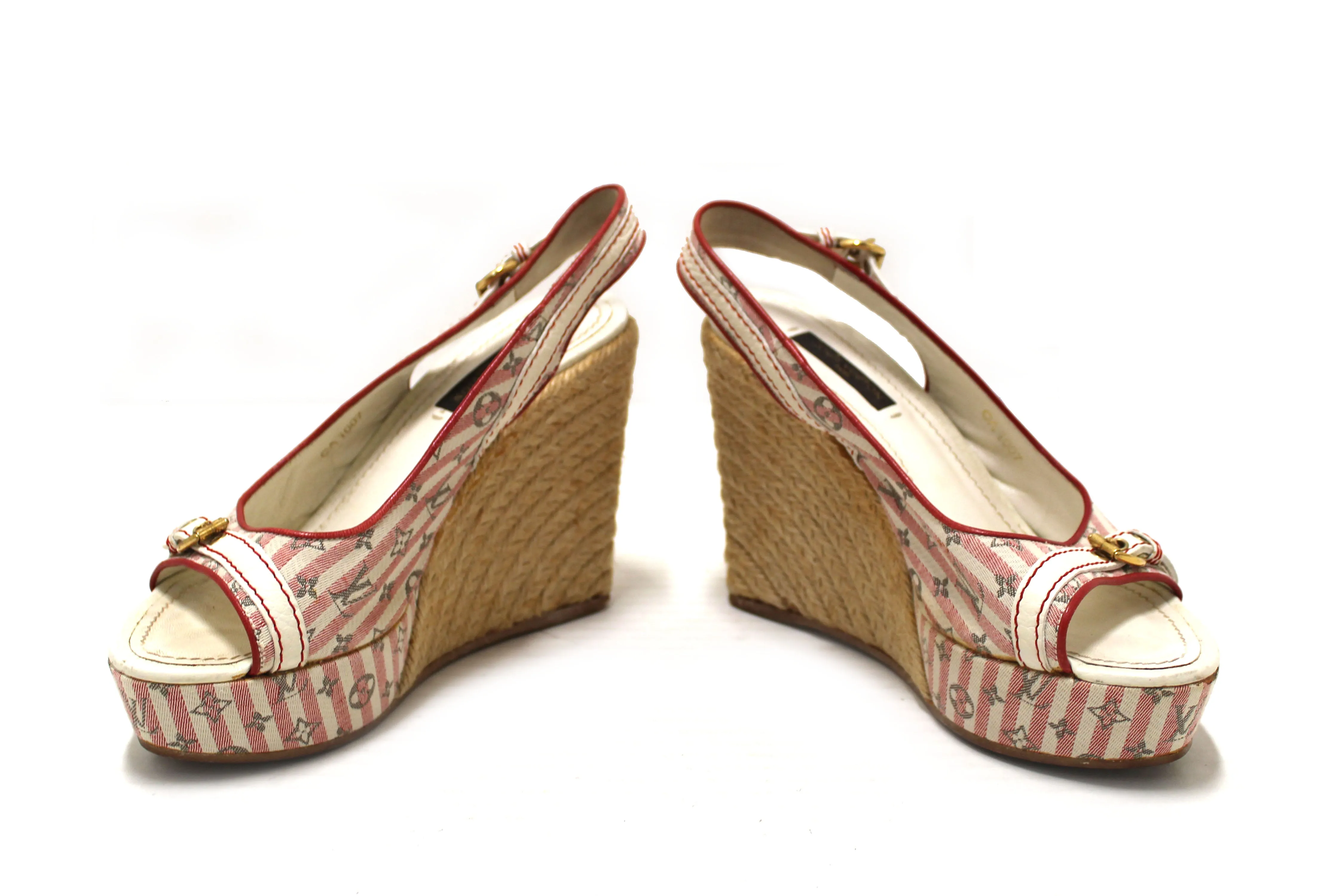 Authentic Louis Vuitton Red Mini Lin Croisette Anemone Wedges Sandals Size 36