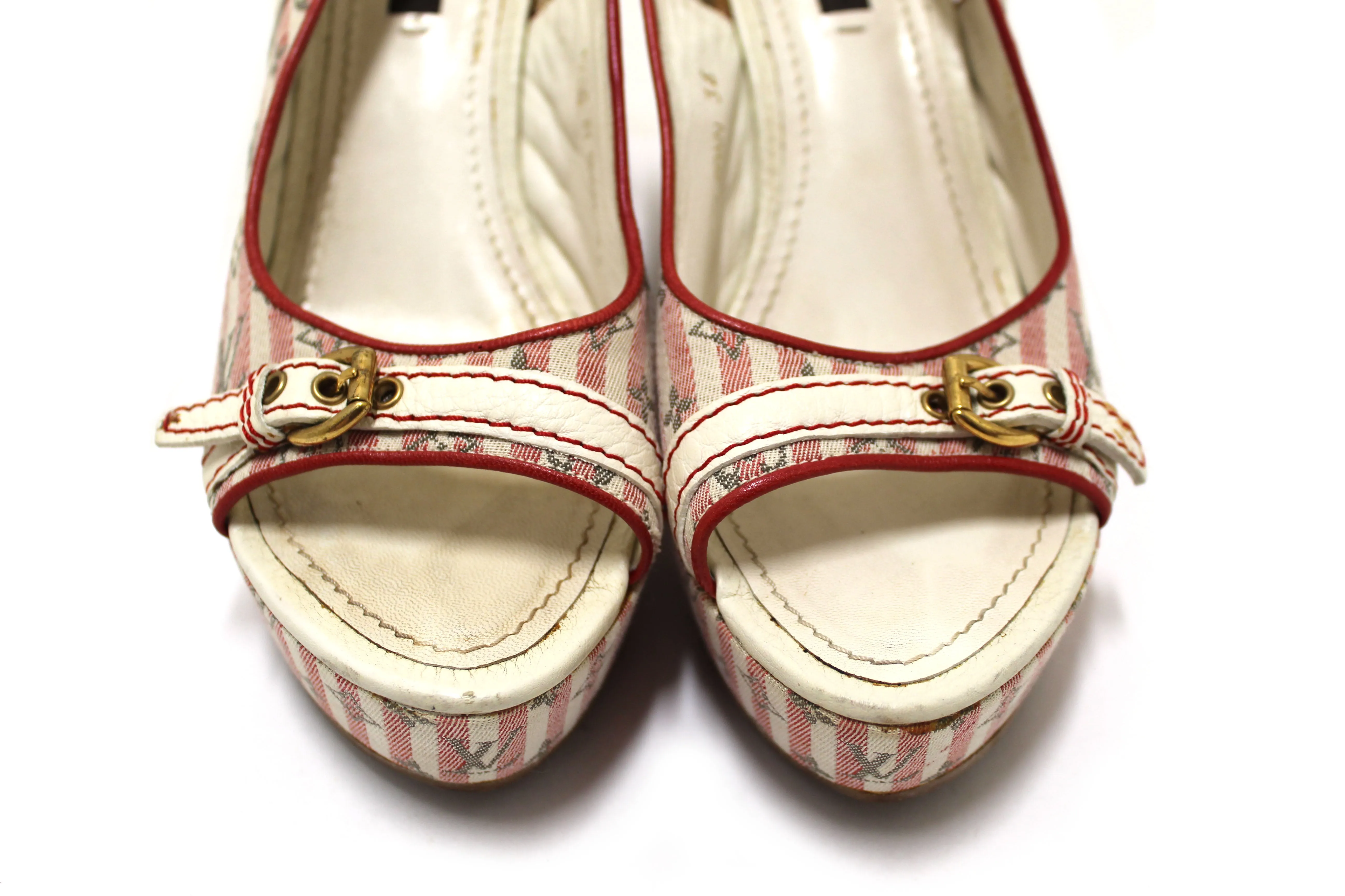 Authentic Louis Vuitton Red Mini Lin Croisette Anemone Wedges Sandals Size 36