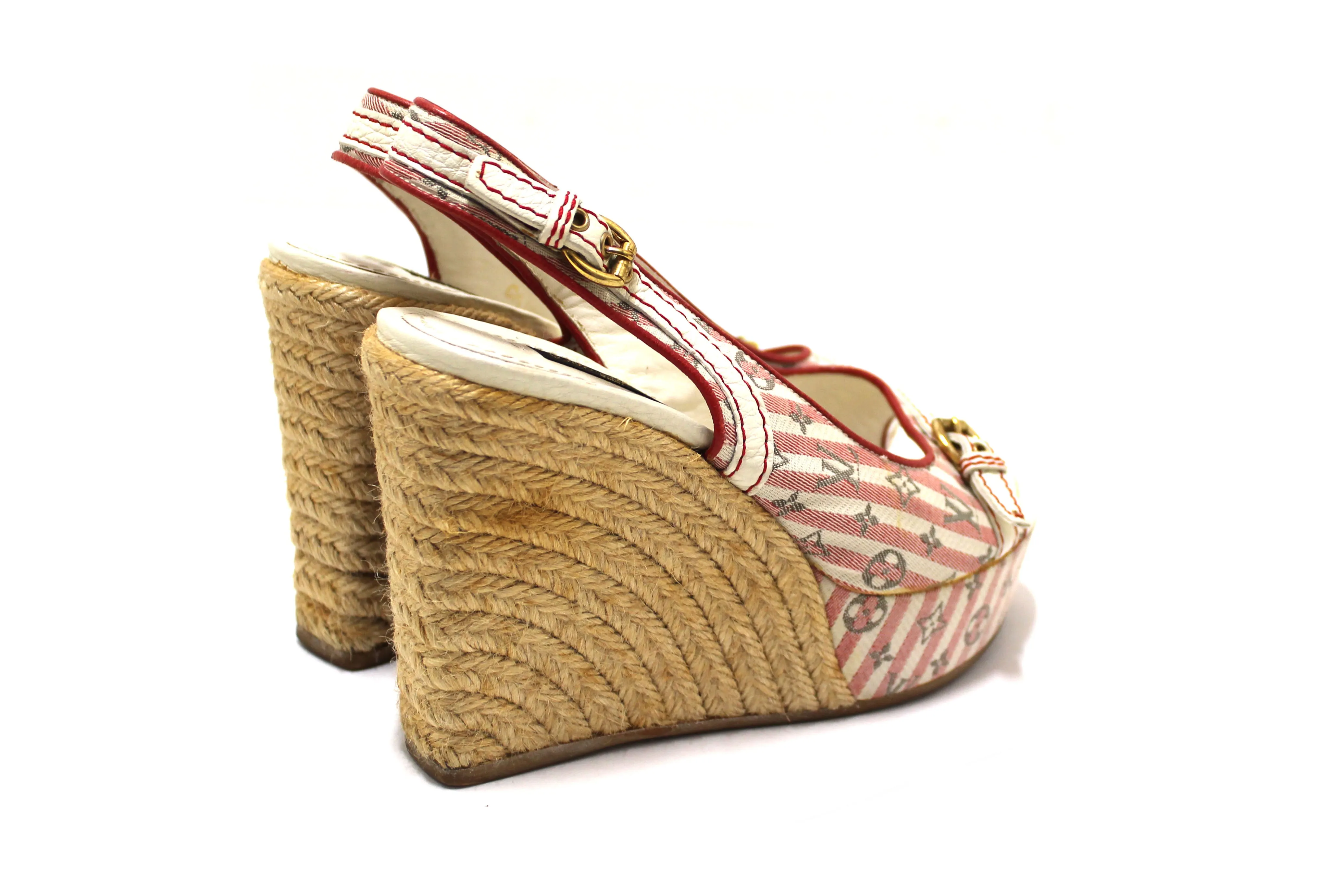 Authentic Louis Vuitton Red Mini Lin Croisette Anemone Wedges Sandals Size 36