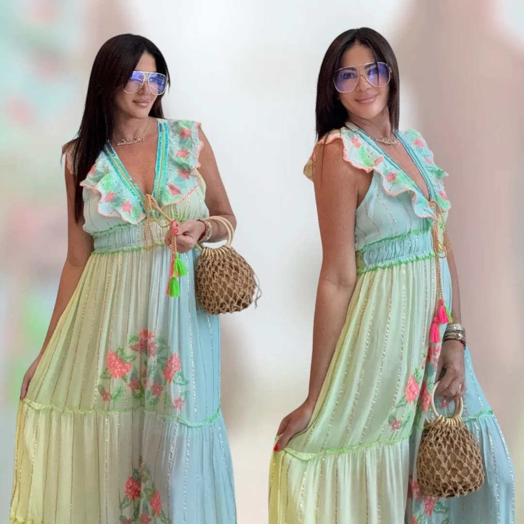 Azure Bloom Cotton Maxi Dress