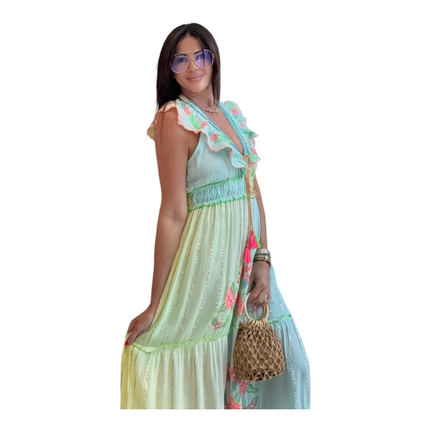 Azure Bloom Cotton Maxi Dress