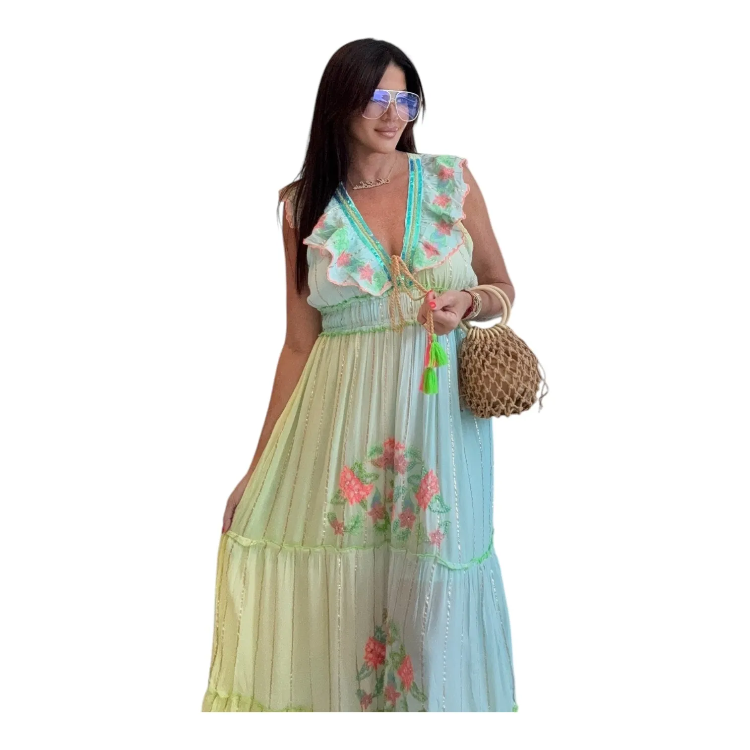 Azure Bloom Cotton Maxi Dress