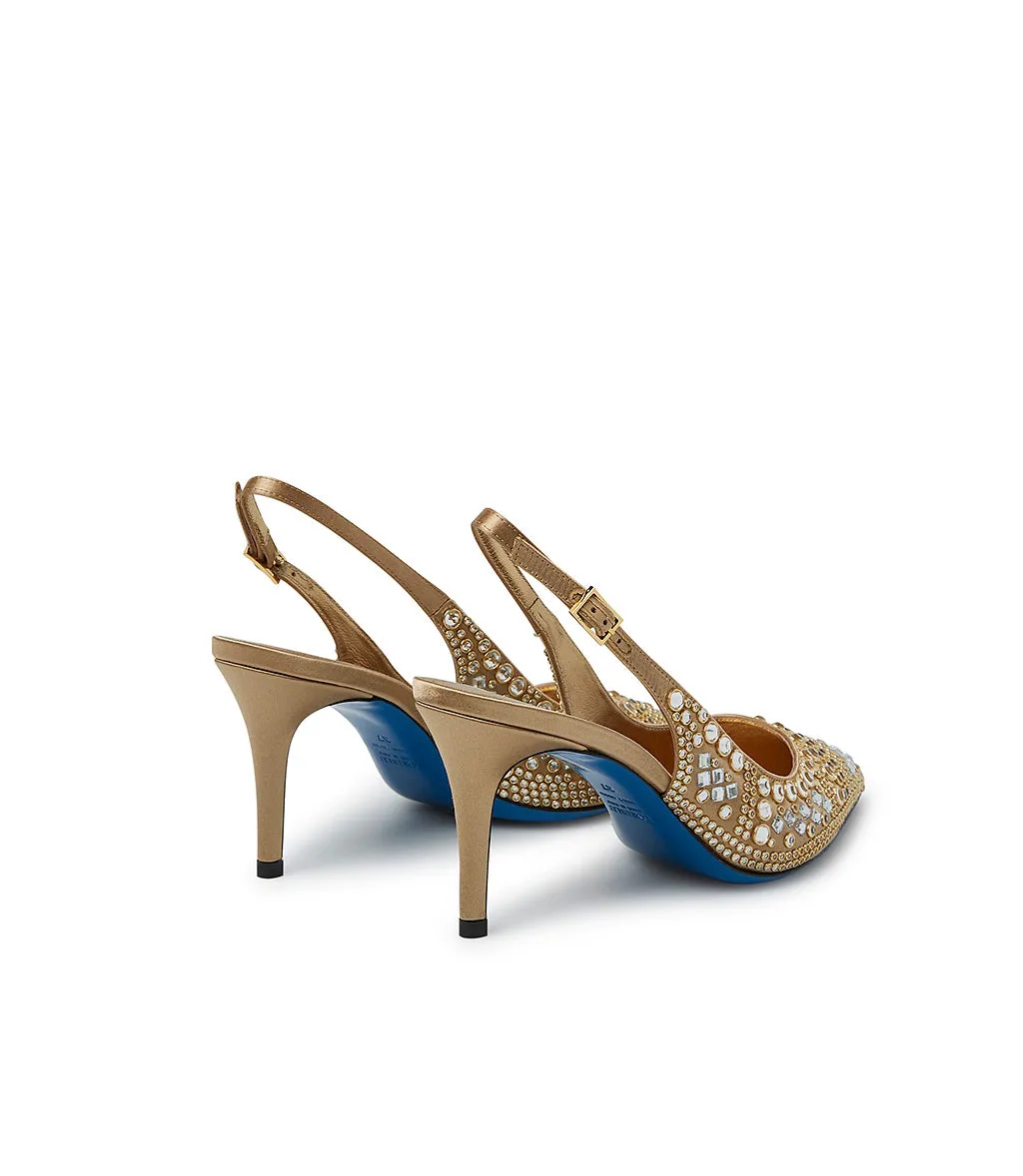 Bronze satin jewel slingback pumps