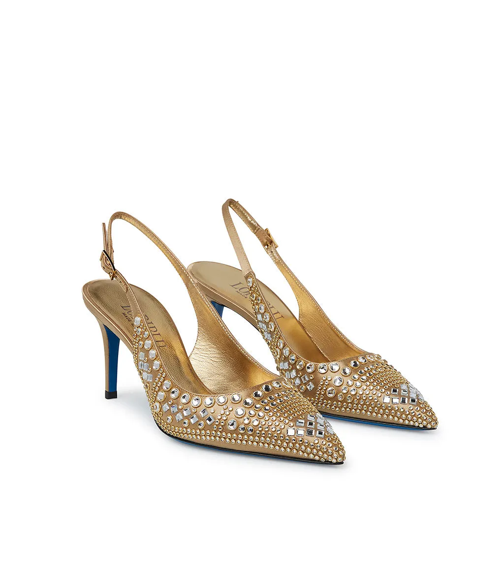 Bronze satin jewel slingback pumps