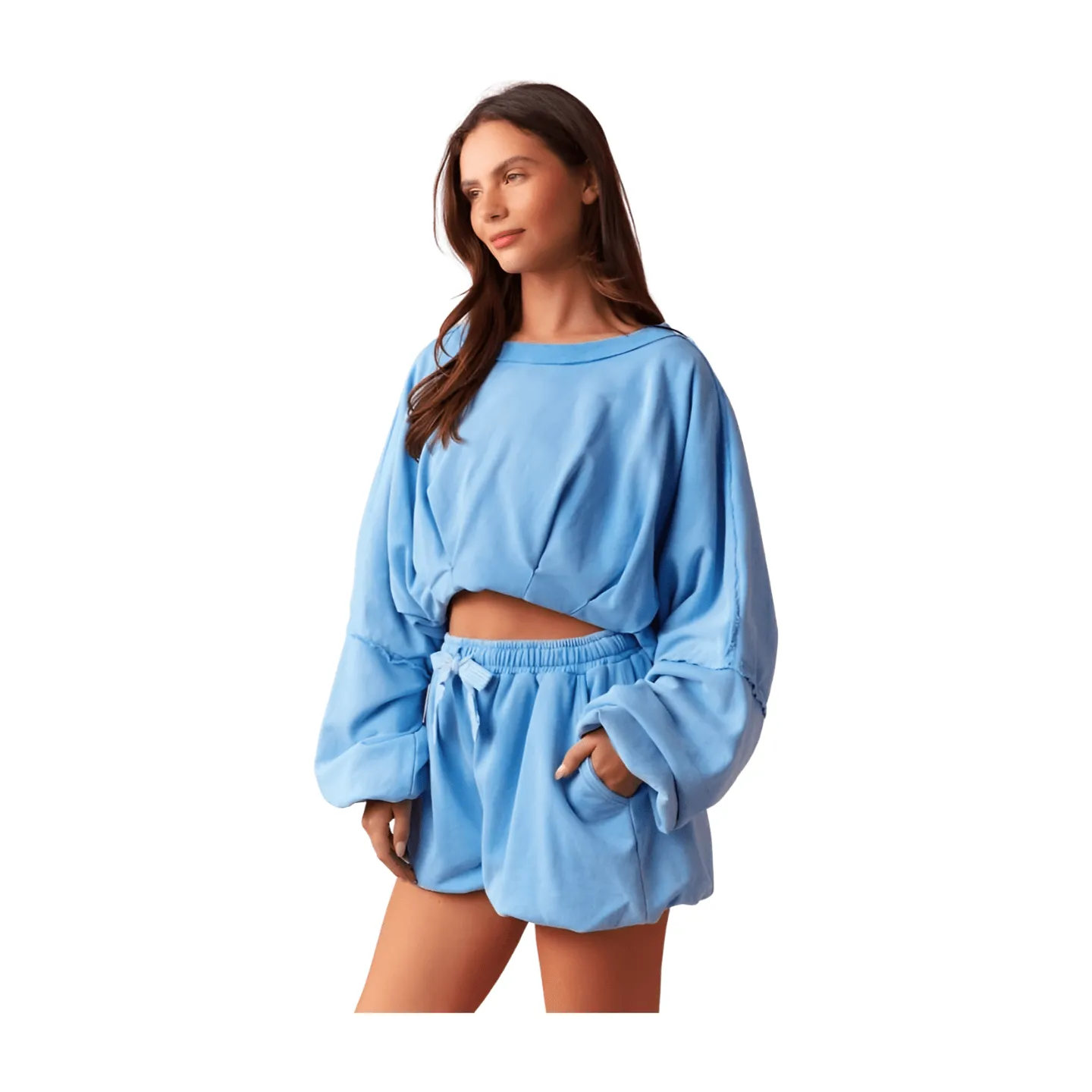 Bubble Hem Shorts Set - Washed Blue