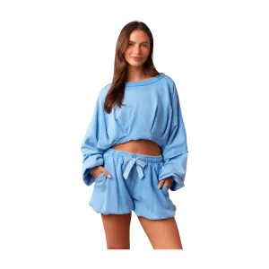 Bubble Hem Shorts Set - Washed Blue