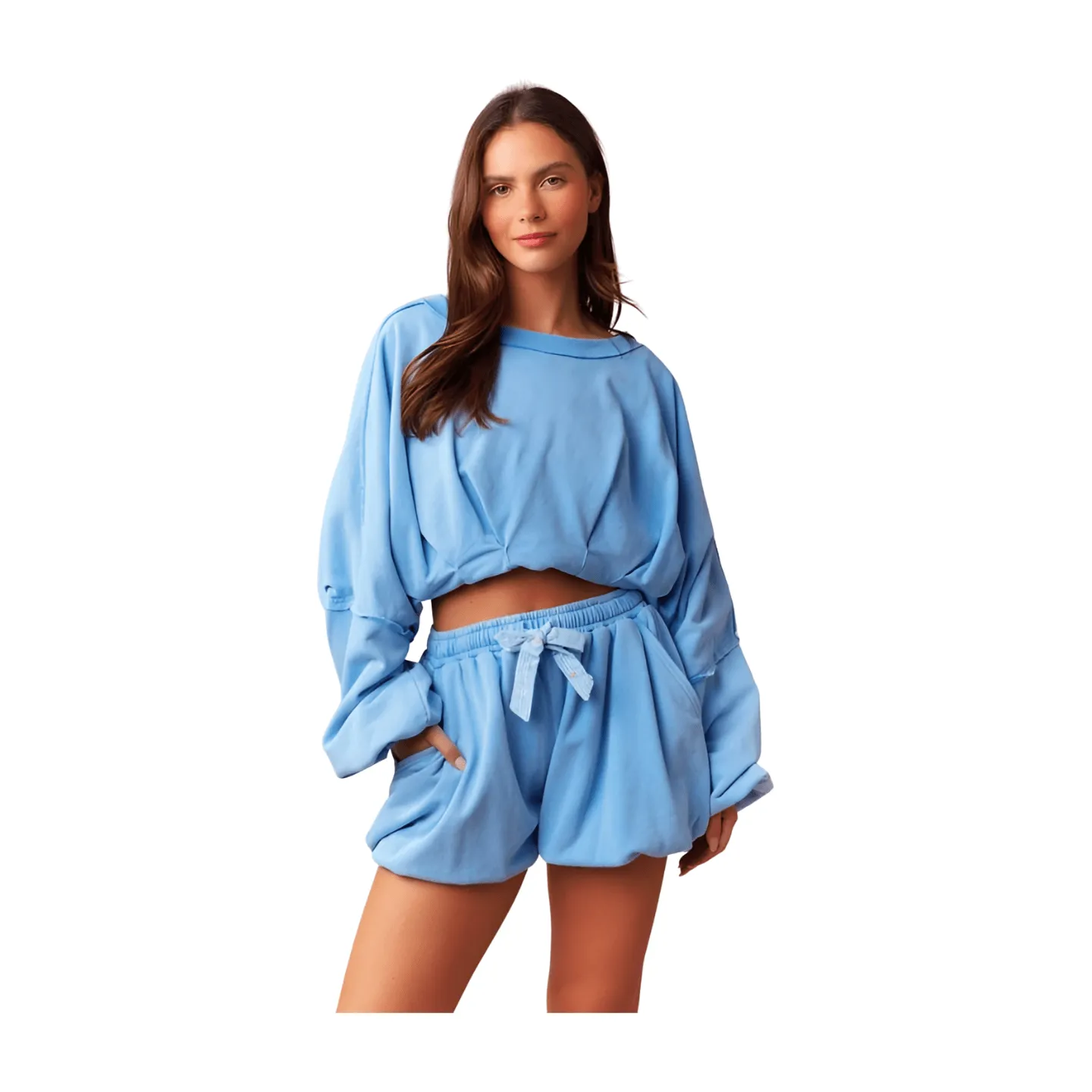 Bubble Hem Shorts Set - Washed Blue