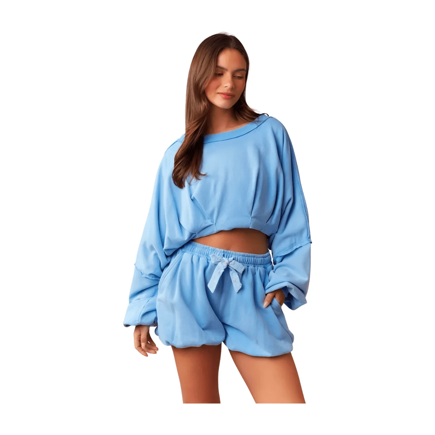 Bubble Hem Shorts Set - Washed Blue