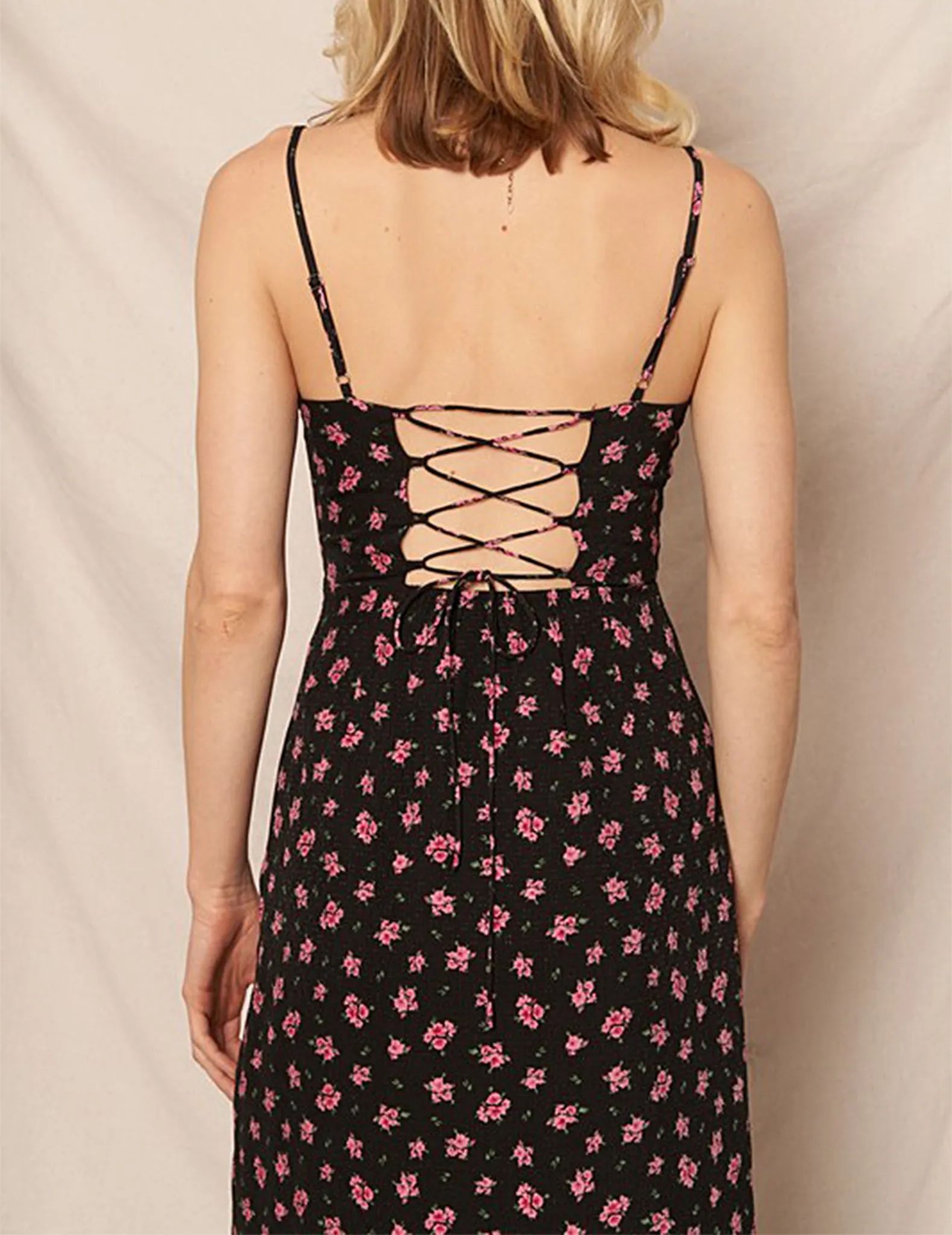 Carmela Black Floral Lace-Up Midi Dress
