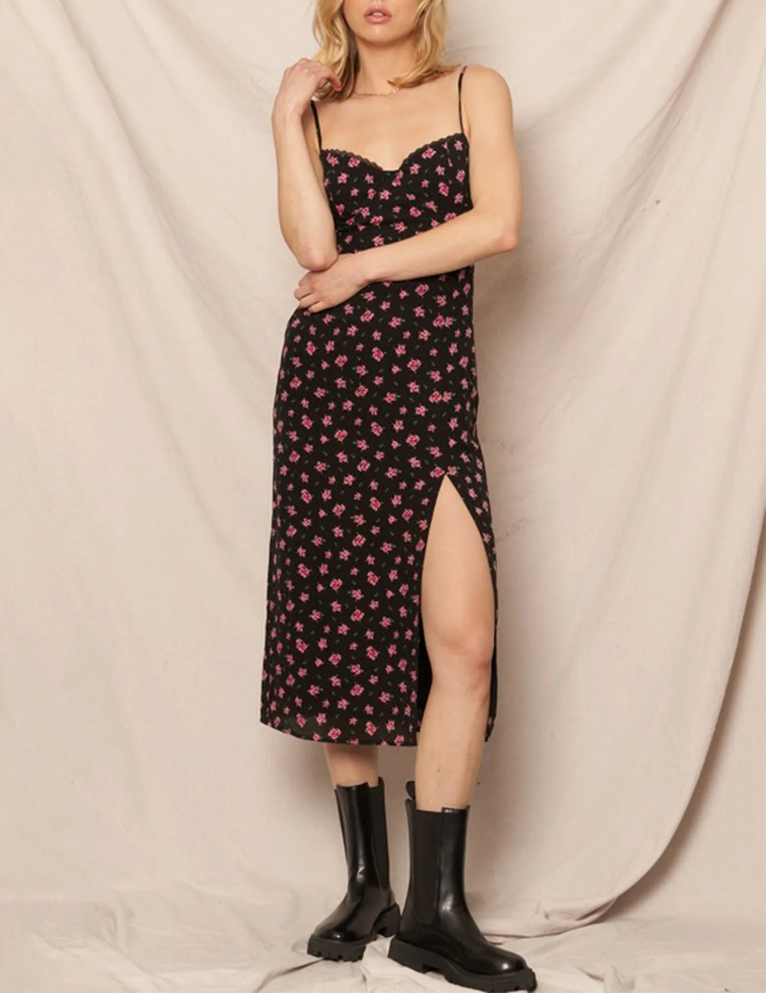 Carmela Black Floral Lace-Up Midi Dress