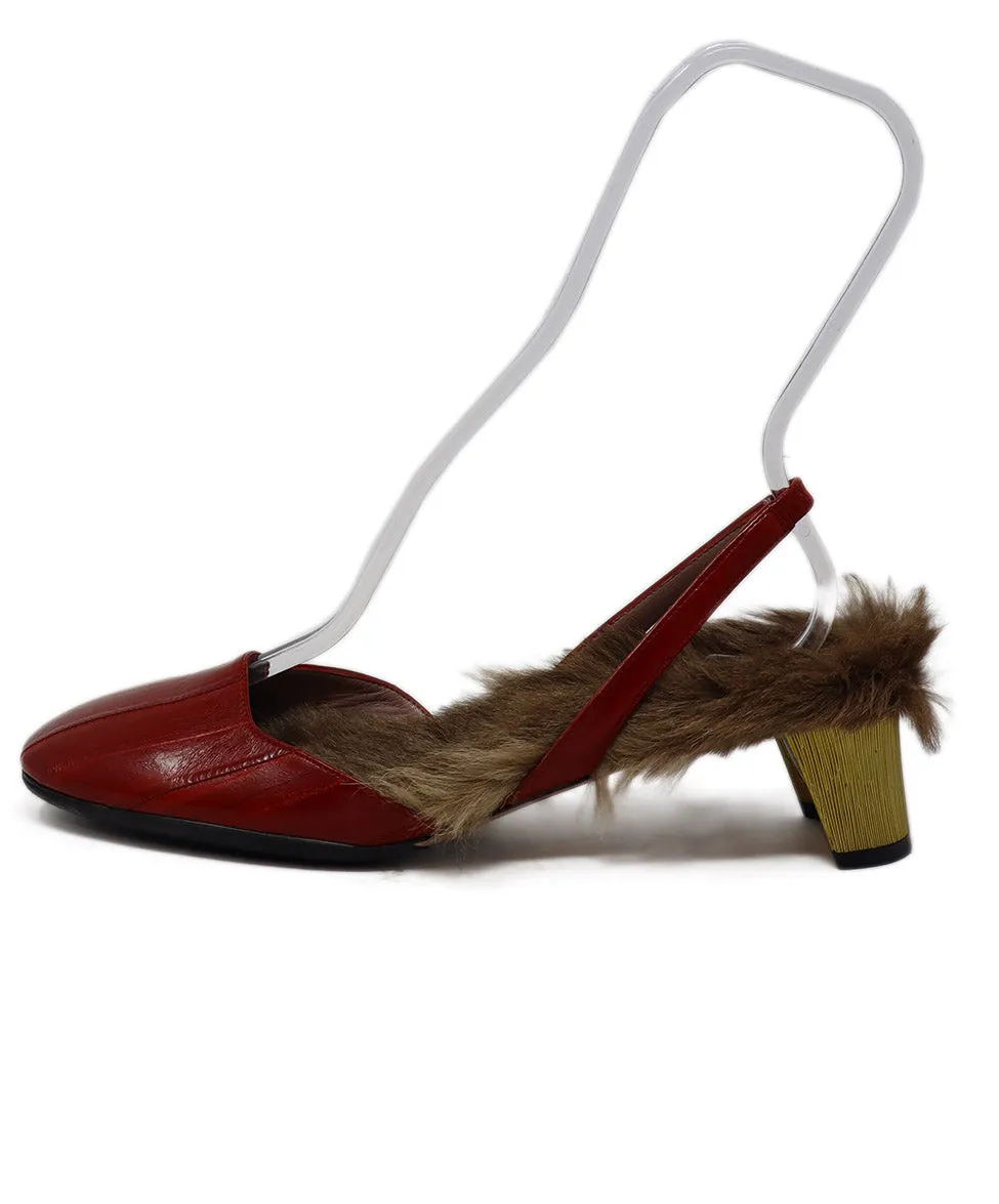 Gucci Red Eel Leather & Brown Fur Heels sz 8.5