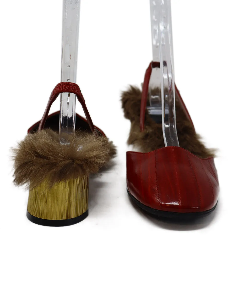 Gucci Red Eel Leather & Brown Fur Heels sz 8.5