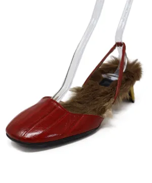 Gucci Red Eel Leather & Brown Fur Heels sz 8.5