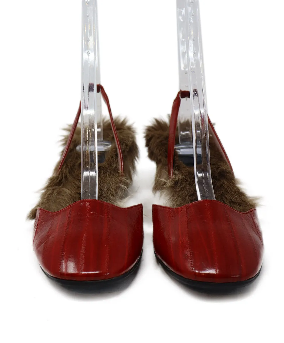 Gucci Red Eel Leather & Brown Fur Heels sz 8.5