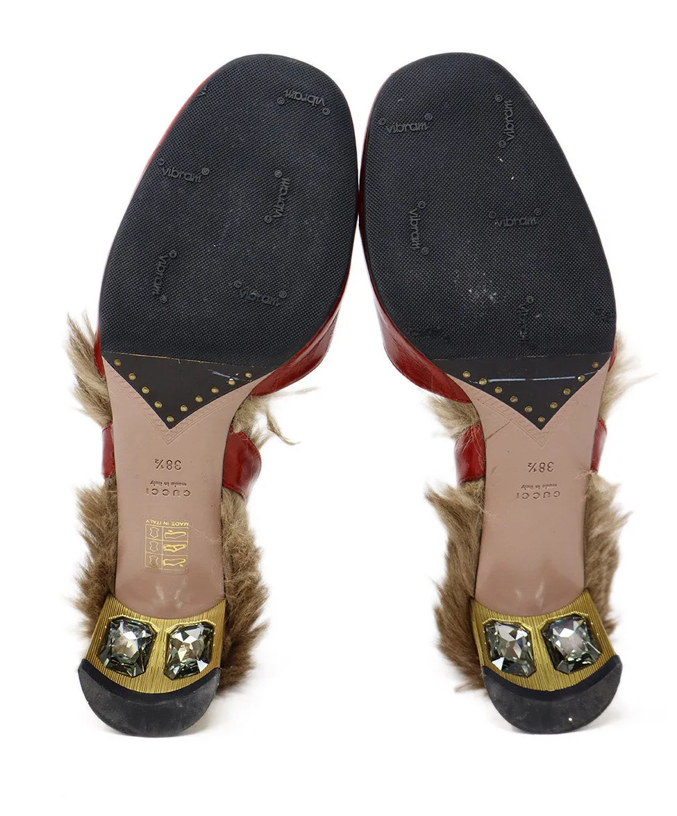Gucci Red Eel Leather & Brown Fur Heels sz 8.5