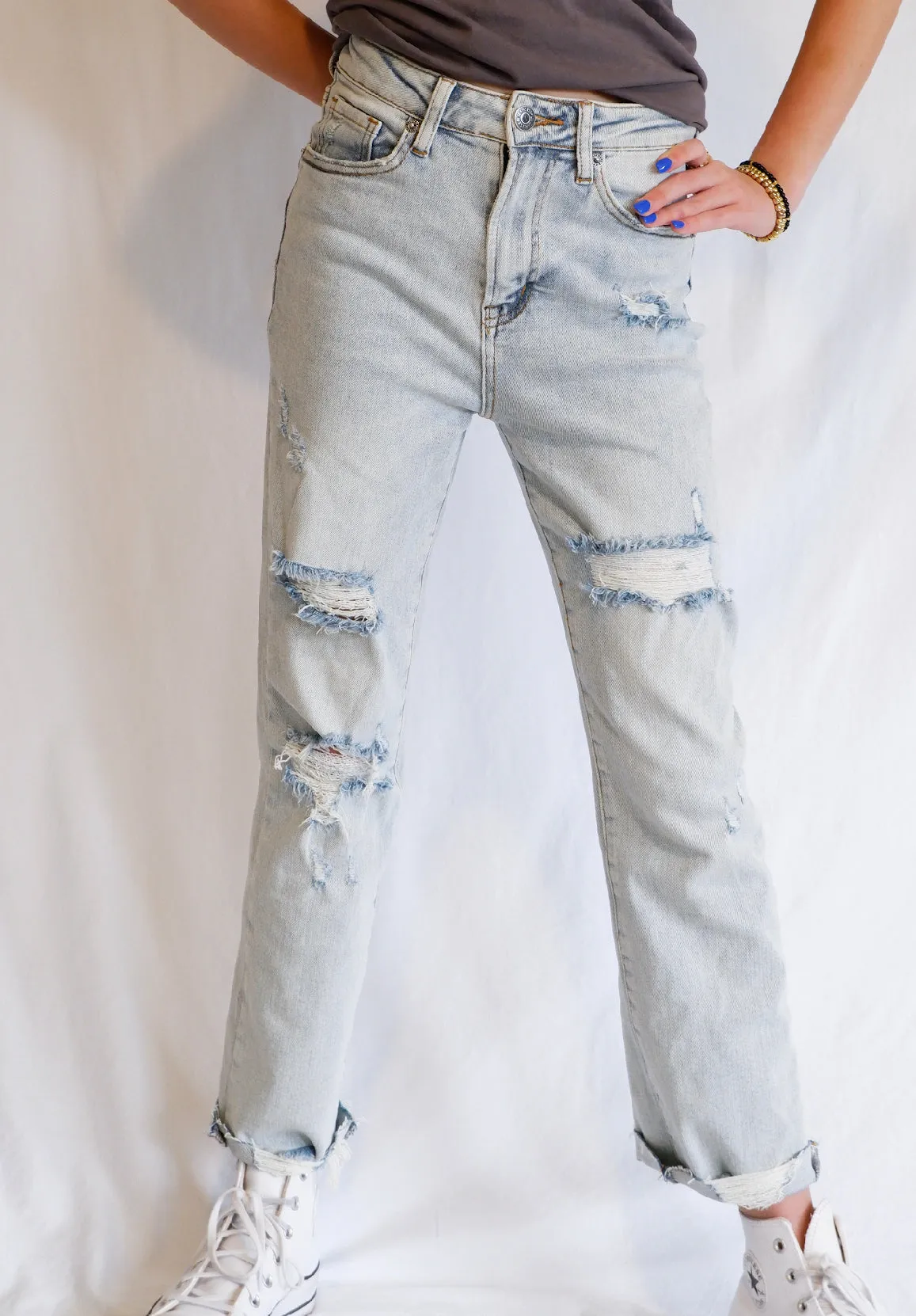 Light Wash Distressed Straight Jeans