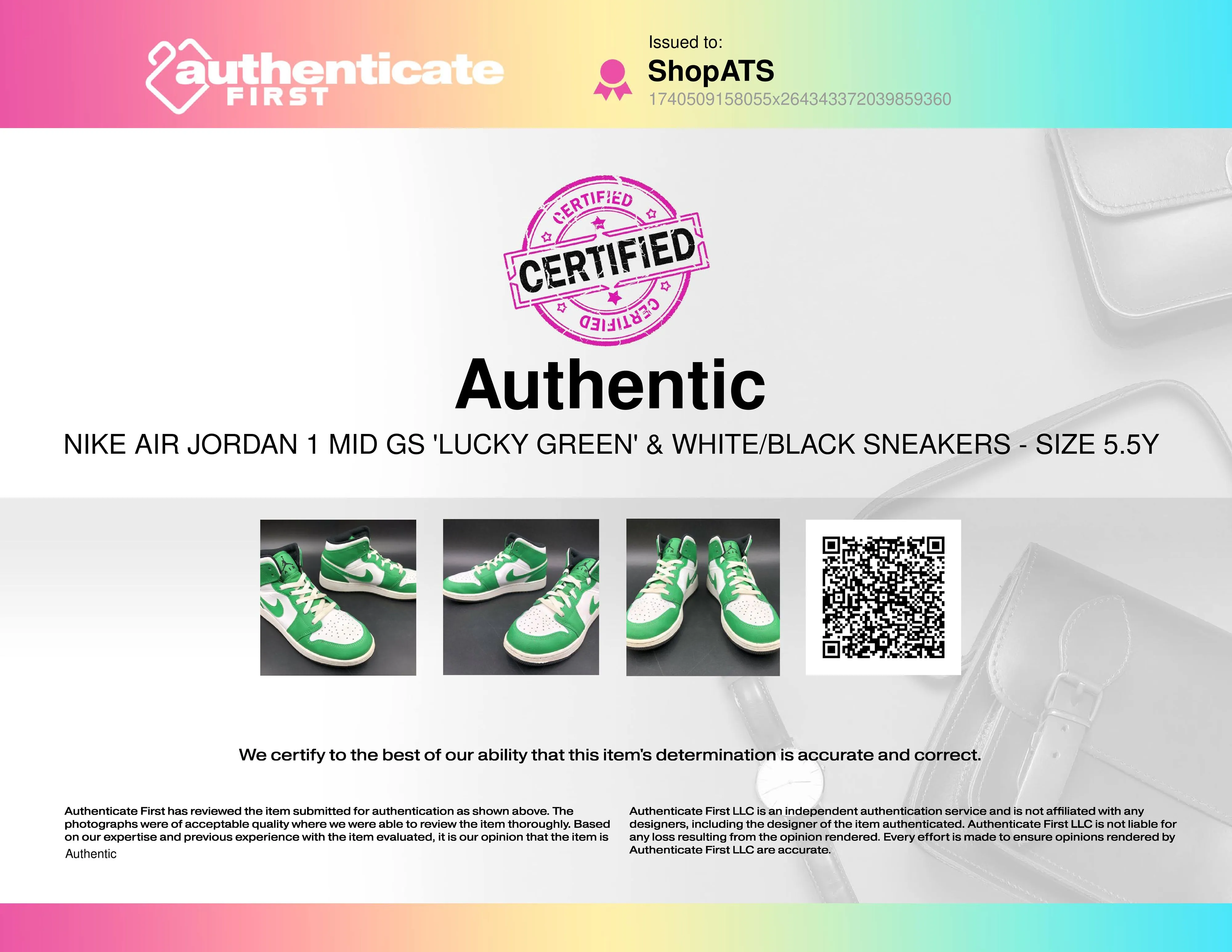 Nike Air Jordan 1 Mid GS 'Lucky Green' & White/Black Sneakers - Size 5.5Y ( COA)