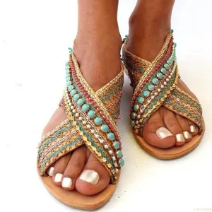 Open Toe Beading Flat Sandals