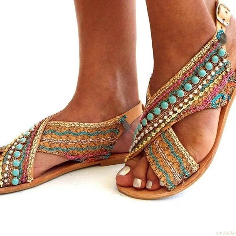 Open Toe Beading Flat Sandals