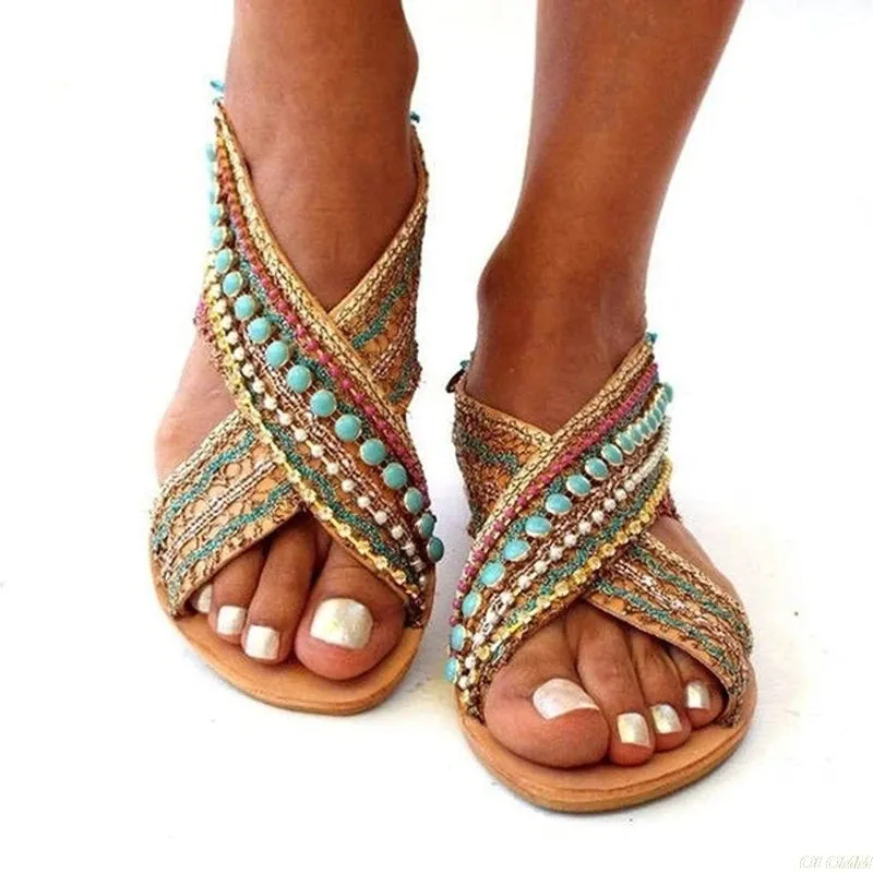 Open Toe Beading Flat Sandals