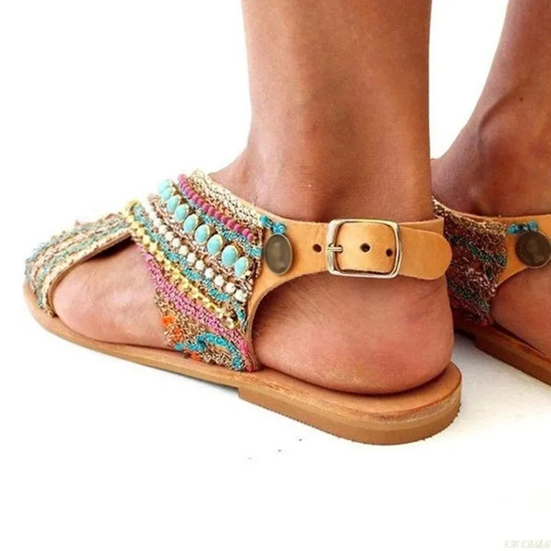 Open Toe Beading Flat Sandals