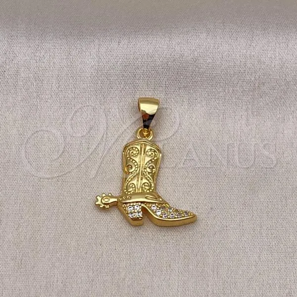 Oro Laminado Fancy Pendant, Gold Filled Style Shoes Design, with White Micro Pave, Polished, Golden Finish, 05.342.0207