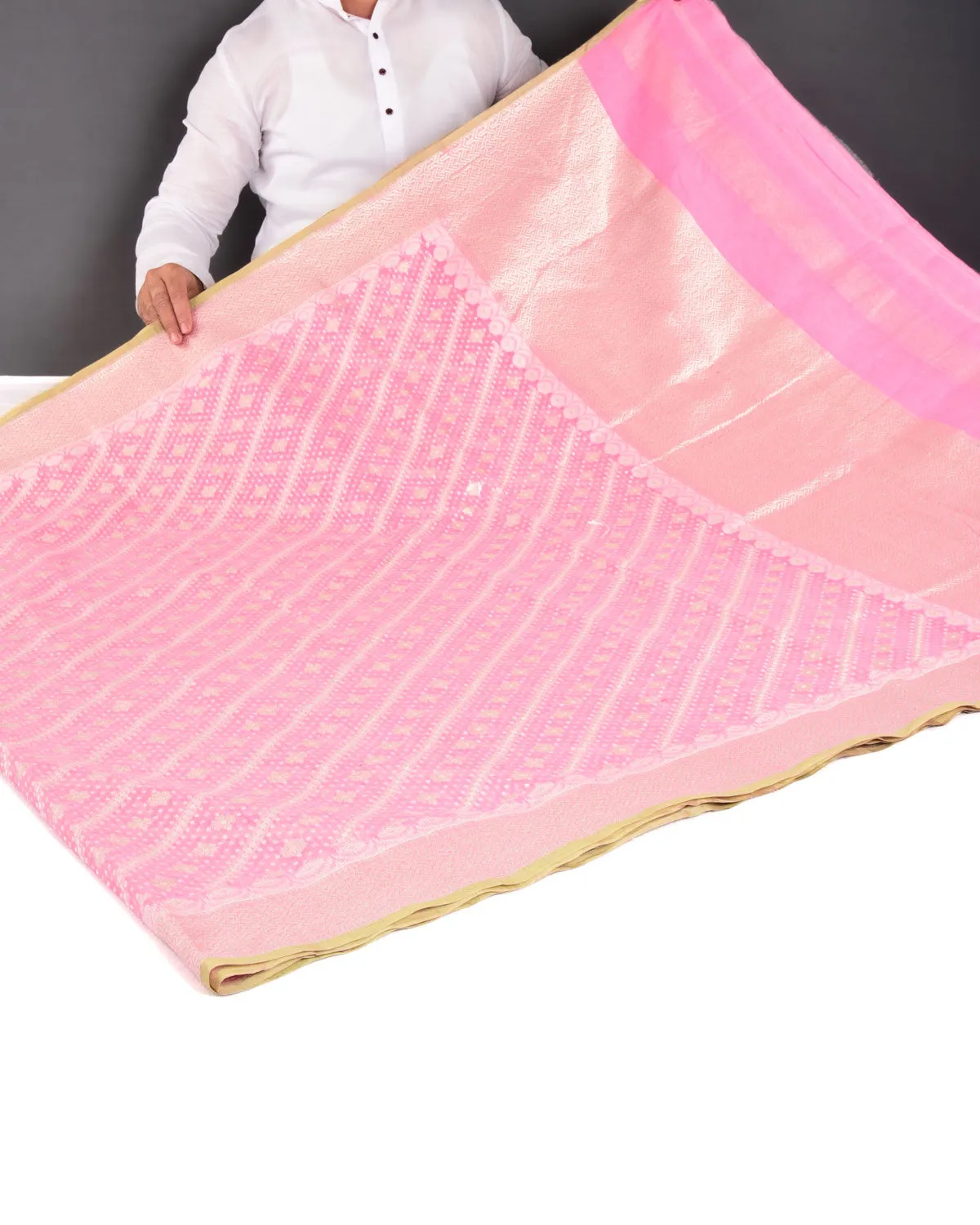 Pink Banarasi Gold Zari & White Resham Alfi Diagonal Buti Cutwork Brocade Handwoven Cotton Silk Saree