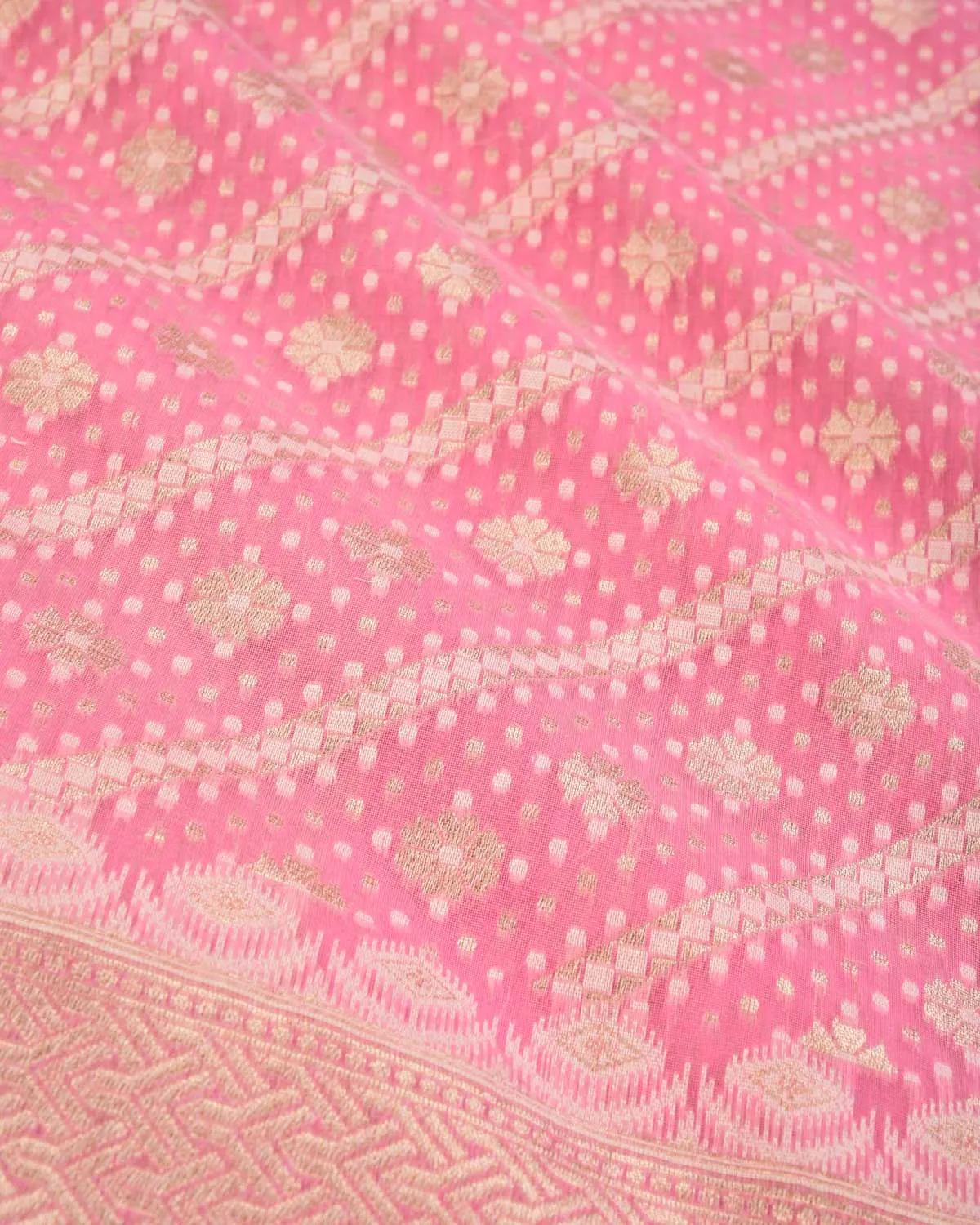 Pink Banarasi Gold Zari & White Resham Alfi Diagonal Buti Cutwork Brocade Handwoven Cotton Silk Saree