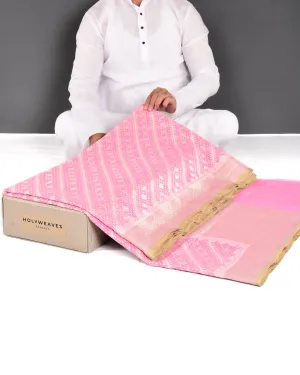 Pink Banarasi Gold Zari & White Resham Alfi Diagonal Buti Cutwork Brocade Handwoven Cotton Silk Saree