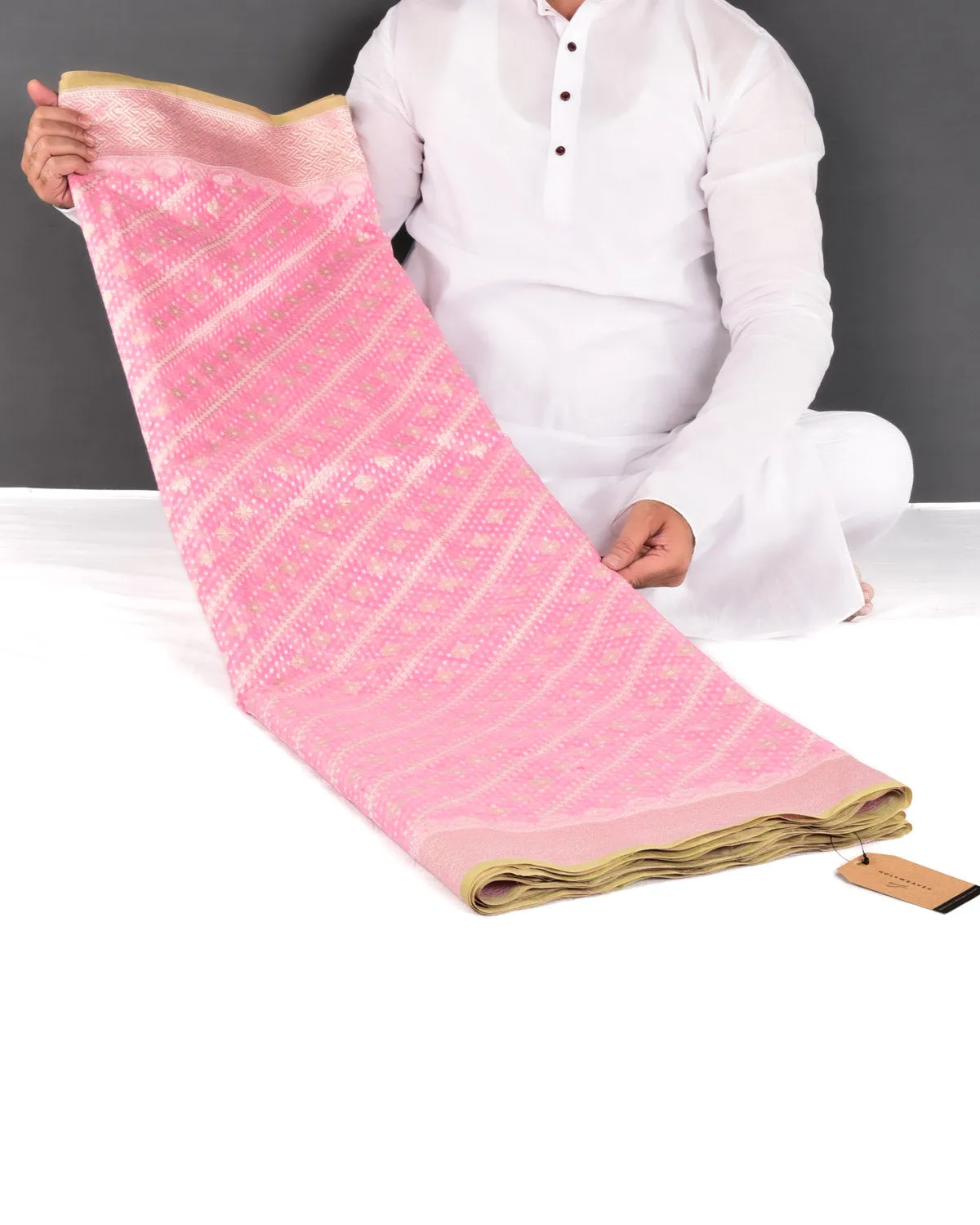 Pink Banarasi Gold Zari & White Resham Alfi Diagonal Buti Cutwork Brocade Handwoven Cotton Silk Saree