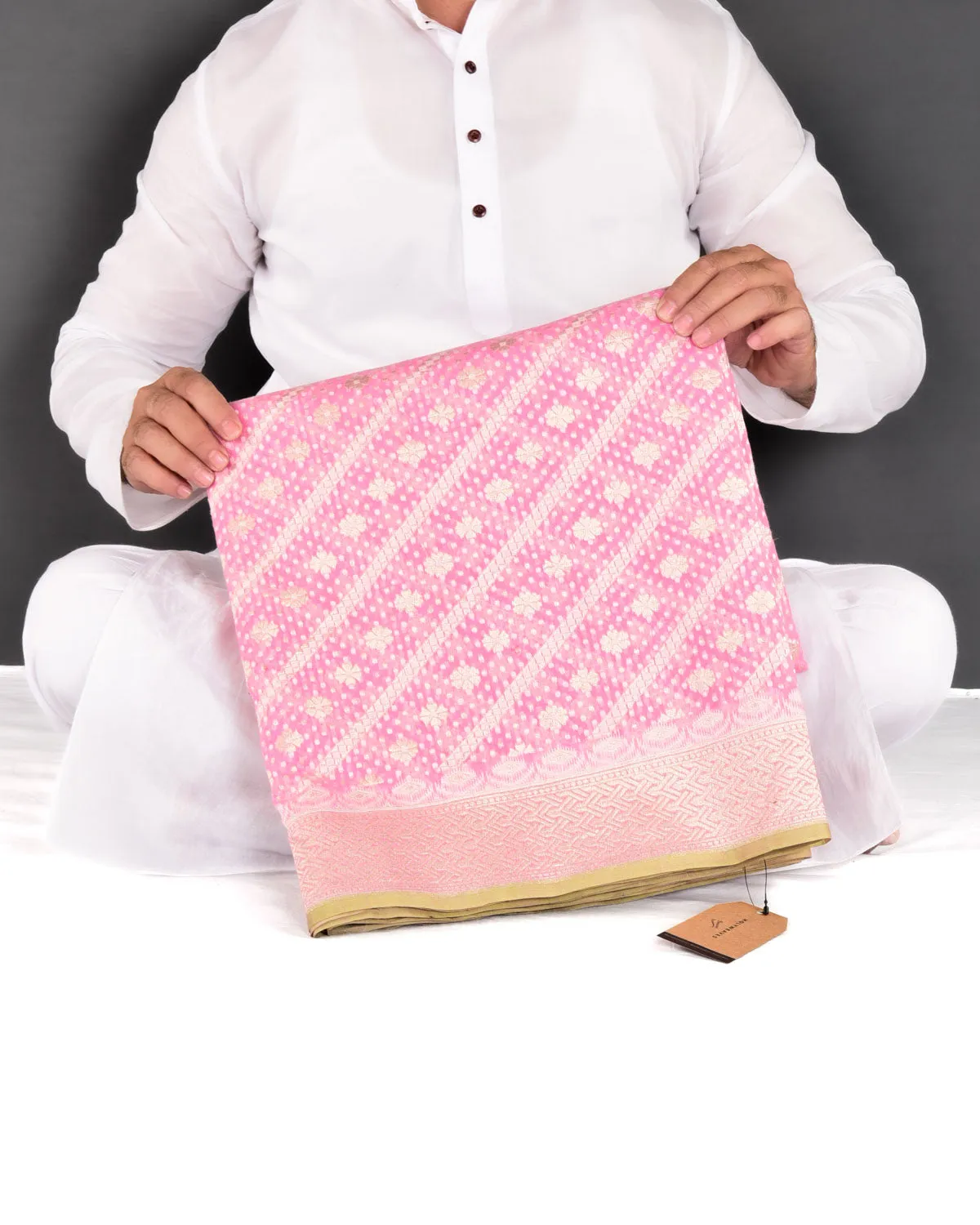 Pink Banarasi Gold Zari & White Resham Alfi Diagonal Buti Cutwork Brocade Handwoven Cotton Silk Saree