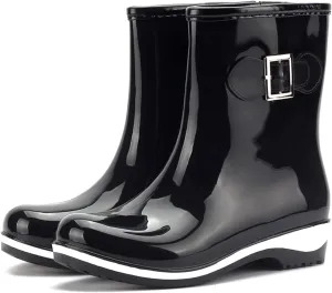 Rain Boots for Women Mid Calf Fashion Waterproof Plastic Low Heel Jelly Color Hasp Slip-on High Boots Comfy Casual Round Toe Square Heel Shoes