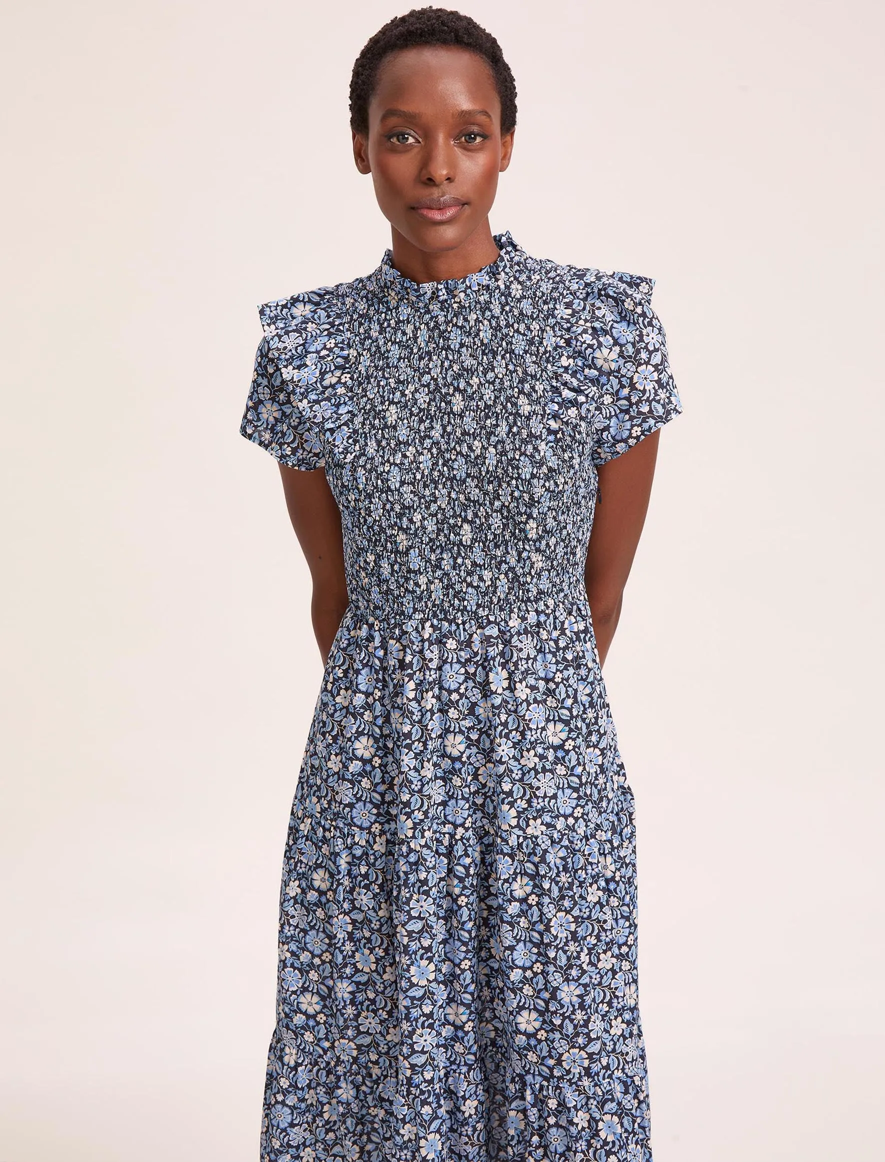 Sabrina Cotton Blend Maxi Dress - Blue Ditsy Carnation Print