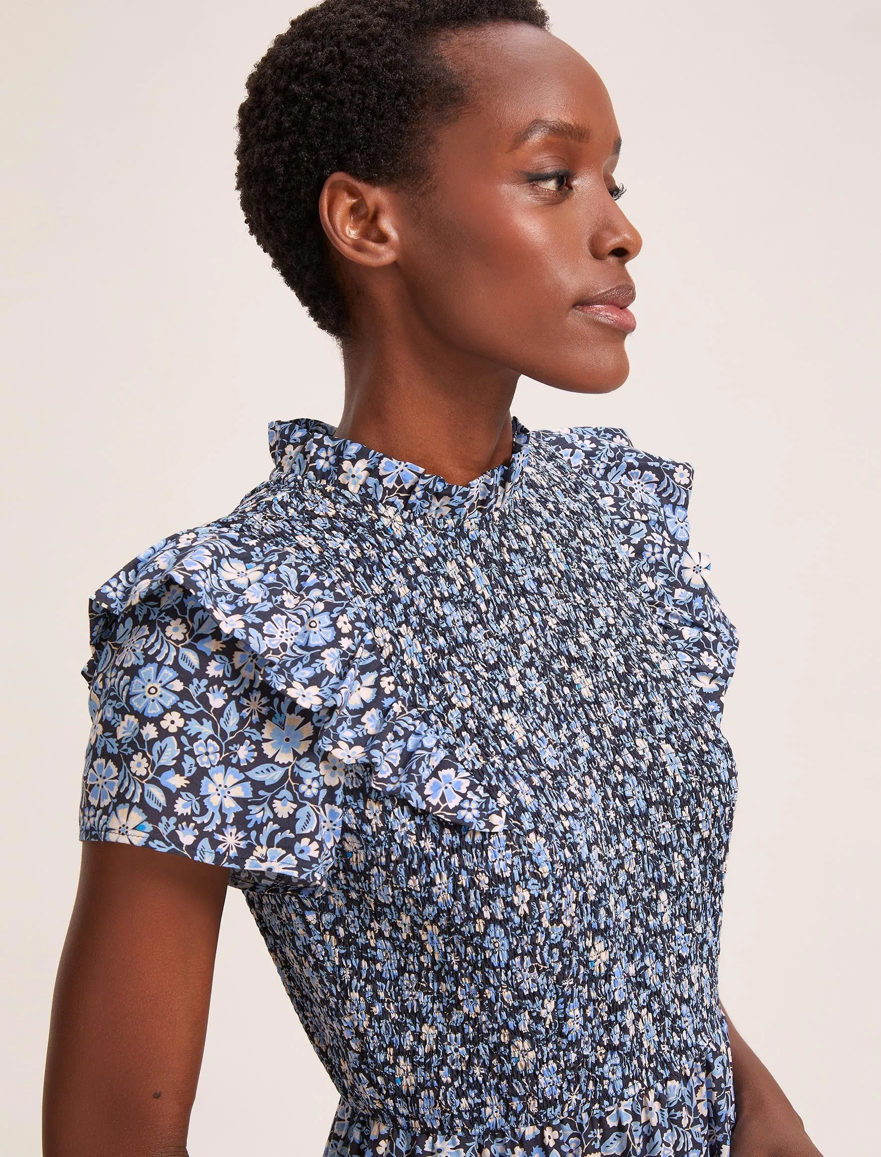 Sabrina Cotton Blend Maxi Dress - Blue Ditsy Carnation Print