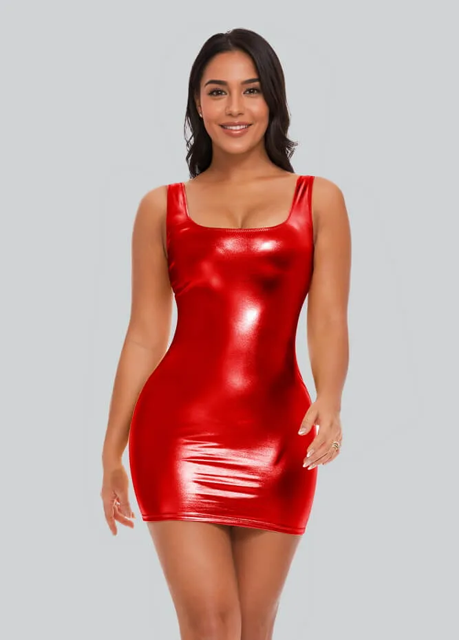 Womens Sleeveless Scoop Neck Shiny Metallic Mini Dress