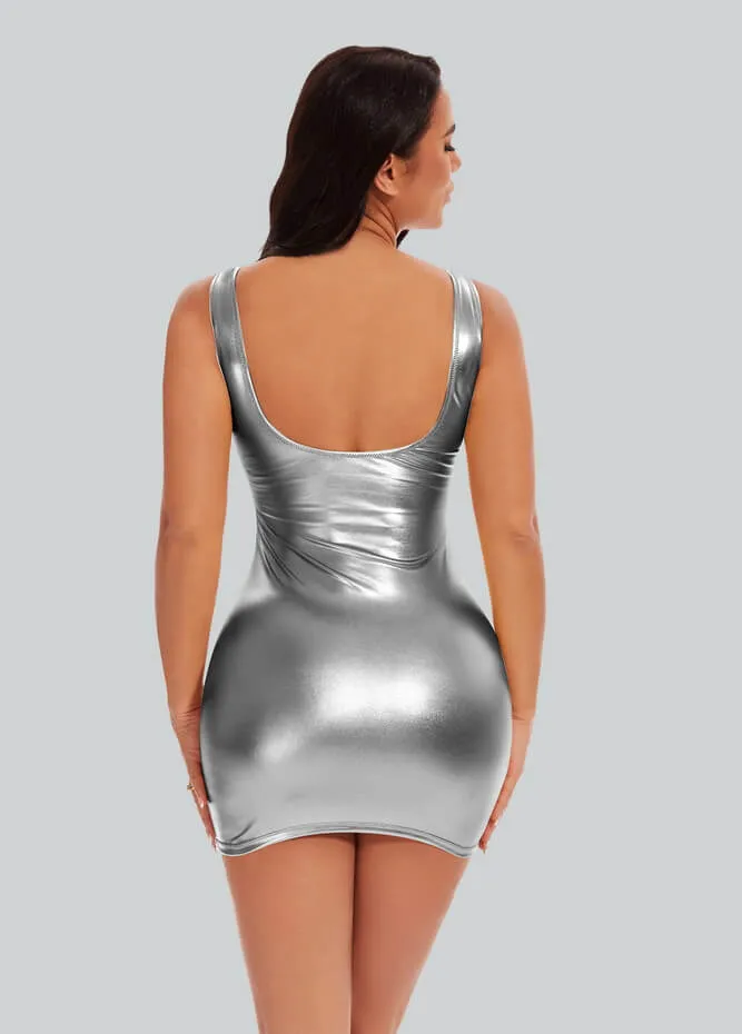 Womens Sleeveless Scoop Neck Shiny Metallic Mini Dress