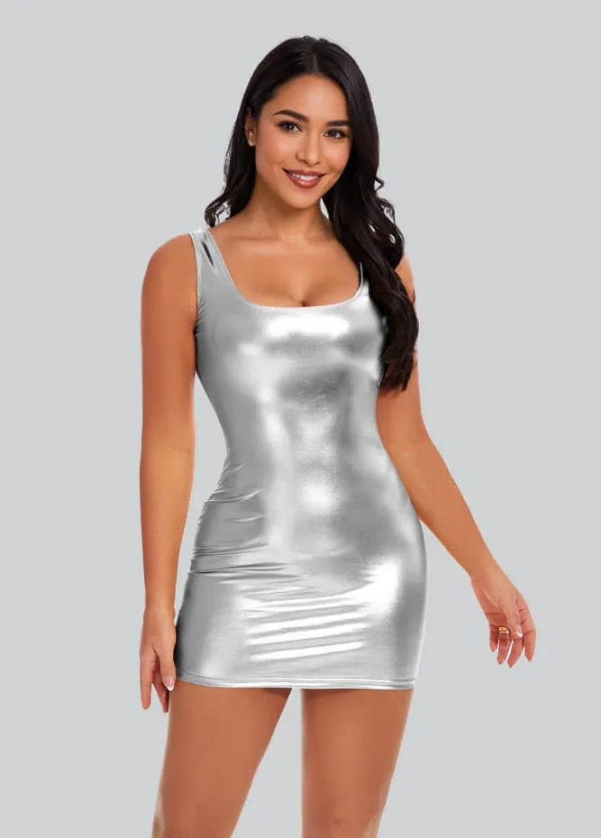 Womens Sleeveless Scoop Neck Shiny Metallic Mini Dress