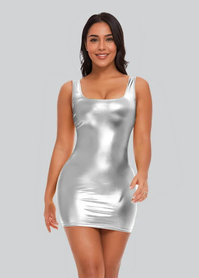 Womens Sleeveless Scoop Neck Shiny Metallic Mini Dress