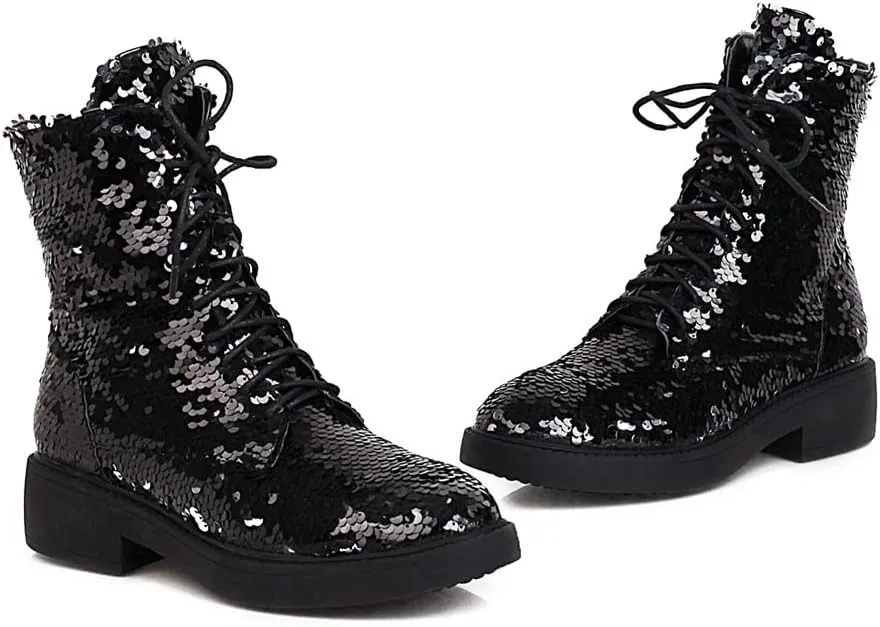 YIYA Women's Lace Up Glitter Sequin Combat Boots Round Toe Chunky Low Heel Side Zipper Sparkly Ankle Booties