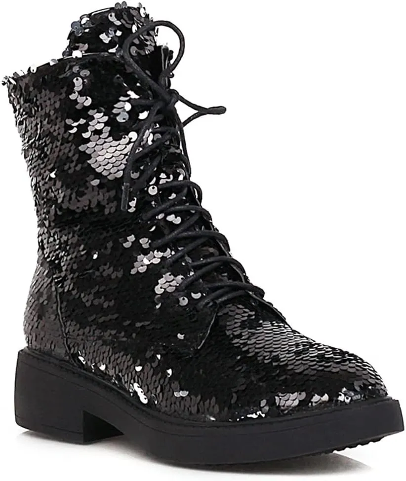 YIYA Women's Lace Up Glitter Sequin Combat Boots Round Toe Chunky Low Heel Side Zipper Sparkly Ankle Booties