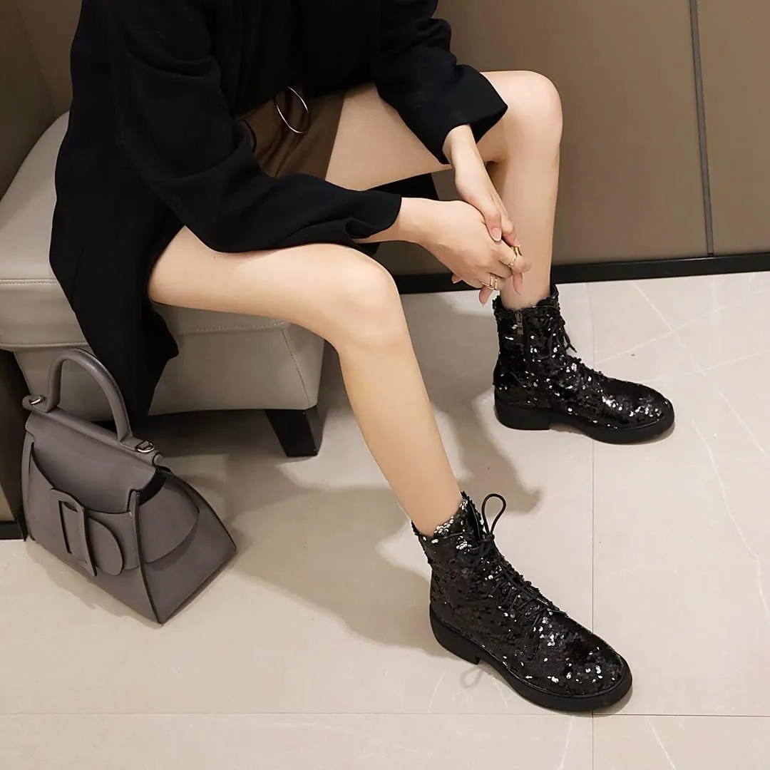 YIYA Women's Lace Up Glitter Sequin Combat Boots Round Toe Chunky Low Heel Side Zipper Sparkly Ankle Booties